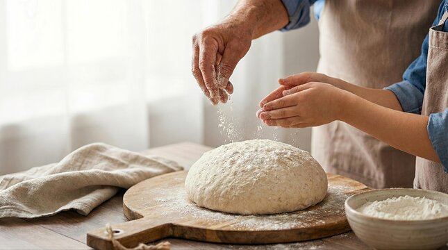 Close-up of grandparent and grandchild hands kneading and sprinkling flour onto dough, baking bread or pizza. Captures family bonding, cooking tradition, and homemade food. - Powered by Adobe