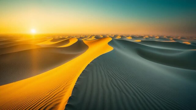 Expansive desert landscape showcasing smooth sand dunes under warm light at sunrise transitioning to sunset highlighting texture and serene beauty of the untouched natural environment