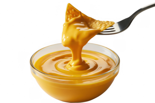 Tortilla chip dipping into cheese sauce isolated on a transparent background