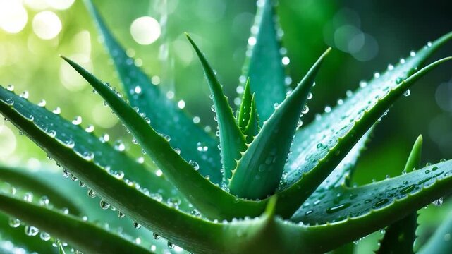Close-up of vibrant green aloe vera plant with glistening water droplets showcasing intricate leaf structure and natural textures in soft diffused light against a blurred green background