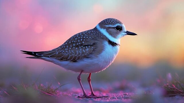 Close-up view of a small shorebird standing on a sandy patch gently illuminated by warm soft light with a colorful bokeh background showcasing hues of pink and purple during the evening
