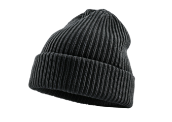 Ribbed knit dark grey beanie cap, folded cuff