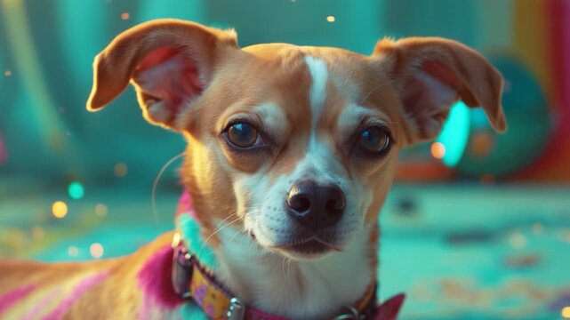 Close-up of a small brown and white dog with alert expression against a colorful background with sparkles showcasing the dog's gradual change in gaze and slight head movements in a bright and playful