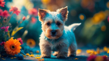 Adorable fluffy puppy with perky ears standing among vibrant flowers in a lush garden soft natural lighting highlighting its playful expression and surroundings throughout the video