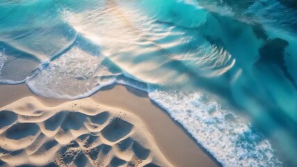 Top-down view of gently lapping ocean waves against sandy beach with soft textures and translucent turquoise water reflecting sunlight showcasing clear patterns and changing water movements - Powered by Adobe