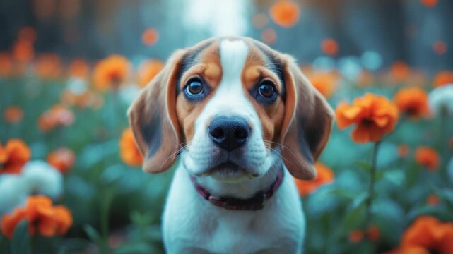 Close-up of a beagle puppy gazing in a vibrant flower field with orange blossoms transitioning from a curious expression to a relaxed demeanor under soft natural light