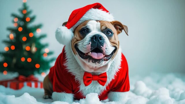 Cheerful bulldog dressed in Santa outfit with bowtie sitting on fluffy snow backdrop surrounded by holiday decorations and Christmas tree featuring soft natural light and vibrant colors
