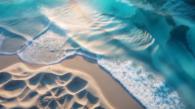 Top-down view of gently lapping ocean waves against sandy beach with soft textures and translucent turquoise water reflecting sunlight showcasing clear patterns and changing water movements