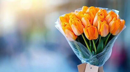 A bouquet of bright orange tulips, elegantly wrapped in clear cellophane, is presented against a softly blurred background with a warm sunlit glow.