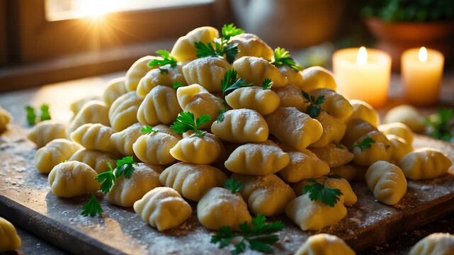 Close-up of freshly made potato gnocchi piled on a wooden board dusted with flour garnished with parsley in a softly lit rustic kitchen setting with candles in the background