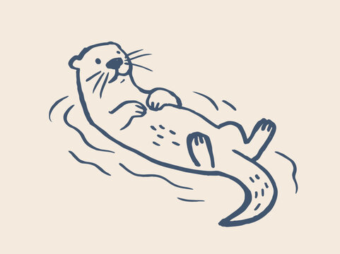 Otter floating in water cartoon line sketch vector illustration