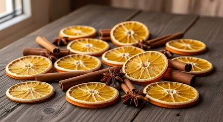 Dried orange slices and cinnamon sticks arranged on a wooden surface