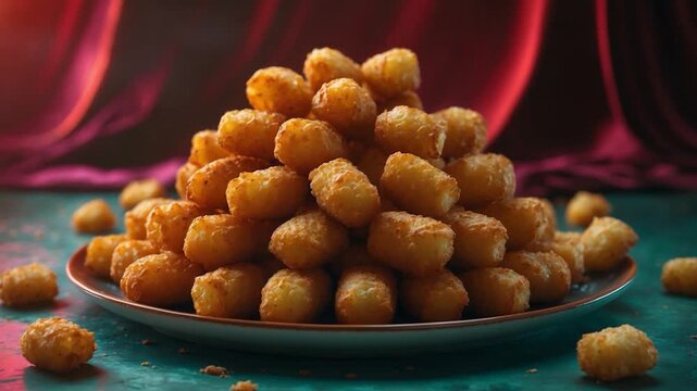 Golden crispy tater tots piled high on a plate with scattered pieces on a textured surface illuminated by soft warm lighting and contrasting dark silk fabric backdrop
