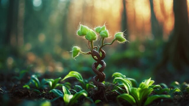 Close-up of a twisting plant with fuzzy buds growing in a lush forest environment illuminated by warm soft lighting surrounded by vibrant green foliage and blurred background natural scenery