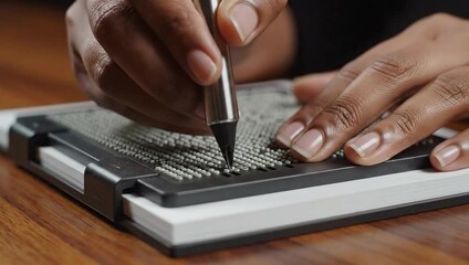 Close up of woman writing Braille on a slate with stylus tool