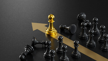 Golden Chess Pawn Stands on Upward Arrow: Fallen Black Pieces Represent Strategic Progress & Victory