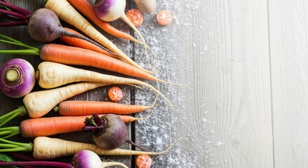 Freshly harvested colorful root vegetables lying on rustic wooden surface