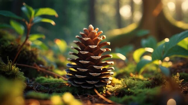 Close-up of a pine cone resting on mossy forest floor surrounded by green leaves and soft natural light illuminating the scene showcasing intricate textures and vibrant colors in a serene woodland