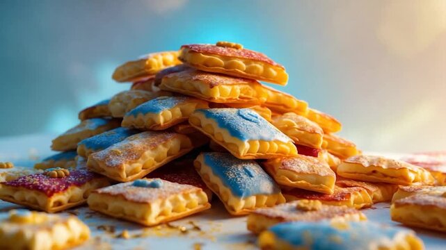 Colorful stacked pastry cookies with vibrant blue and red frosting sparkling sugar coating arranged on a softly lit surface with a dreamlike background creating a visually appealing confectionery