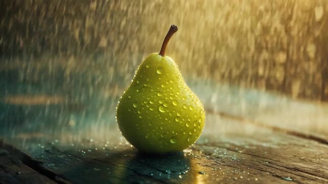 Close-up of a fresh green pear glistening with water droplets on a wooden table gradually exposed to raindrops creating a shimmering effect illuminated by soft natural light in a rustic setting