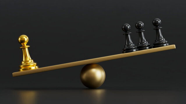 Golden Chess Pawn Balances Black Pawns on Seesaw: Symbolizing Strategic Leverage & Dominance