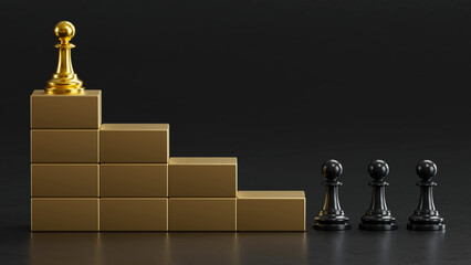 Golden Chess Pawn Atop Gold Block Steps: Black Pawns Signify Hierarchical Strategic Advancement