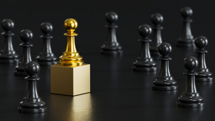 Golden Chess Pawn on Gold Block: Surrounded by Black Pawns Symbolizes Strategic Uniqueness