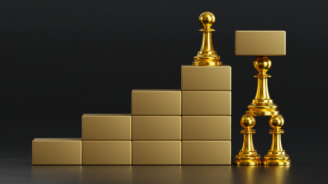 Golden Chess Pawn on Stepped Gold Blocks: Structured Formation Symbolizes Collaborative Strategic Growth