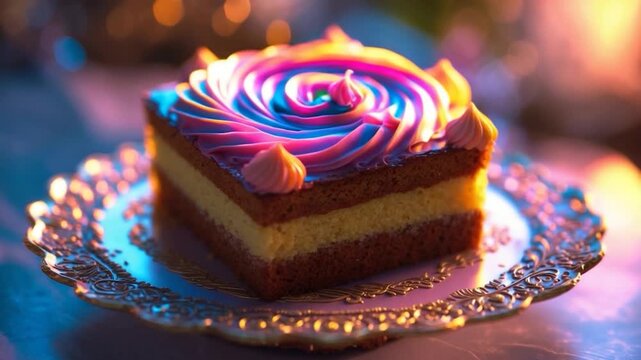 Close-up of a beautifully decorated slice of cake with vibrant pink and purple frosting on a decorative silver plate illuminated by soft warm lighting in an elegant indoor setting