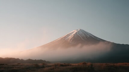 Fototapeta premium Landscape photograph of a mountain with a snow-capped peak. the mountain is covered in a thick layer of fog, creating a hazy and misty atmosphere.