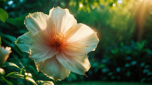 Close-up of a delicate light peach flower blooming in a lush green garden captured in soft natural light with gentle backlighting surrounded by vibrant foliage and a tranquil outdoor setting