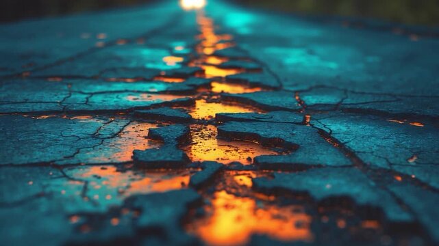 Close-up view of cracked asphalt road with glowing orange reflections during evening illuminated by headlights of passing cars showcasing deteriorating urban infrastructure and rich textures