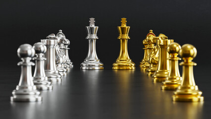 Silver and Golden Chess Kings with Full Teams: Symbolizes High-Stakes Strategic Rivalry in Competition