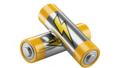 Two A batteries with yellow lightning bolt isolated on a transparent background