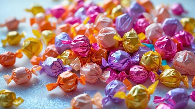 Close-up of colorful wrapped candies in various shades on a sparkling surface featuring shiny textures and vibrant colors arranged in a dynamic composition from multiple angles