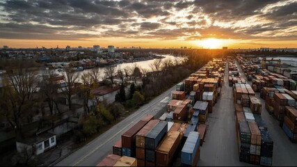 Aerial view of a shipping container terminal at a river port during a dramatic sunset with a city skyline in the distance - Powered by Adobe