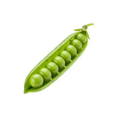 A close up shot of a green pea pod with peas inside against a plain black studio background view on transparent background