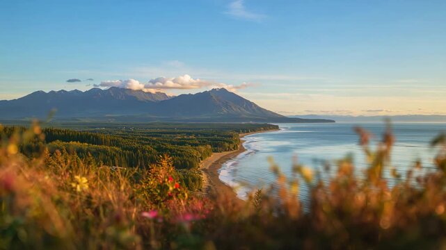 Expansive coastal landscape featuring a sandy beach curving along a tranquil ocean with lush green forests and towering mountains under a clear sky during daylight hours