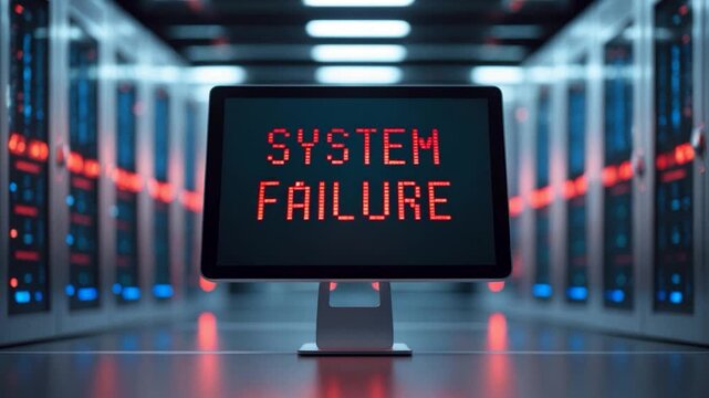 Red LED screen displaying bold message 'SYSTEM FAILURE' in a high-tech server data center with illuminated blue and red lights creating a stark contrast in the metal environment