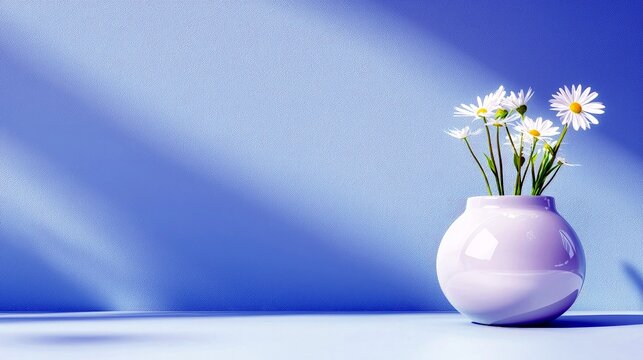 A simple arrangement of white daisies in a round lavender vase sits on a light blue surface, with dramatic diagonal shadows cast on a textured blue wall.