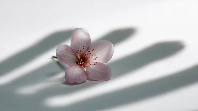 Close-up of a delicate pale pink flower with soft petals and intricate stamen casting long shadows on a minimal white background in natural lighting showing gradual shadow dynamics