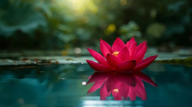 Close-up of vibrant red lotus flower floating serenely on calm water surface reflecting soft natural light amidst lush green foliage in tranquil outdoor setting