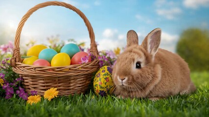 Close-up of fluffy brown rabbit resting on green grass beside a colorful wicker basket filled with vibrant Easter eggs and blooming flowers under soft natural light during a sunny day - Powered by Adobe