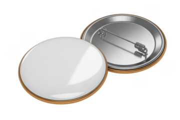 Two blank white round pin badges isolated on a transparent background