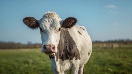 Close-up of a curious black and white dairy cow grazing in a sunny green meadow with blue sky and soft clouds showcasing its detailed features and textures throughout the scene