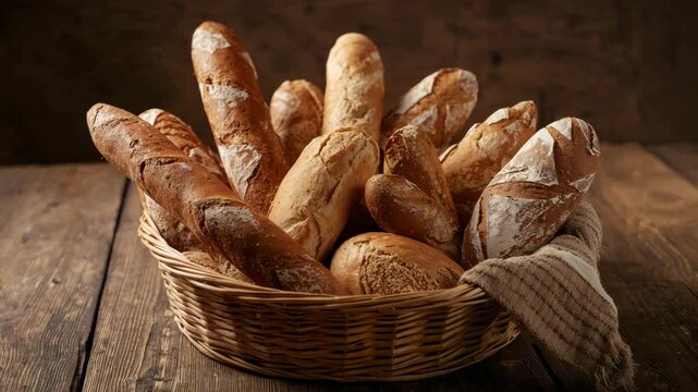 Artfully arranged basket of freshly baked artisan breads featuring a variety of shapes and textures set against a rustic wooden table with soft warm lighting enhancing the rich colors and details.