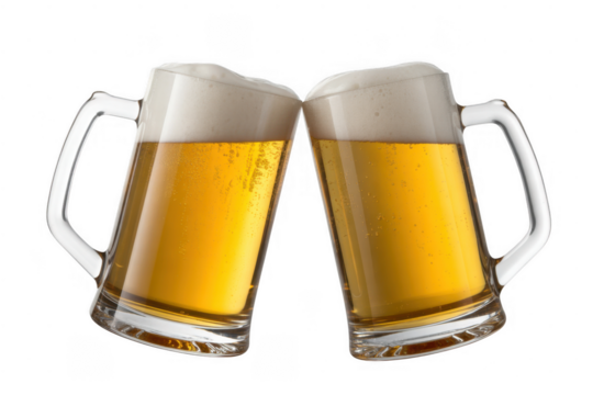 Two beer mugs clinking together isolated on a transparent background