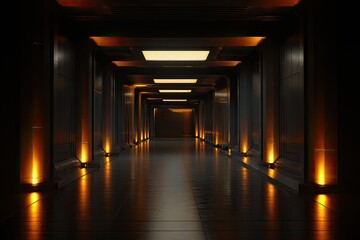 Long, dimly lit corridor with golden accents and ceiling panels, perspective view