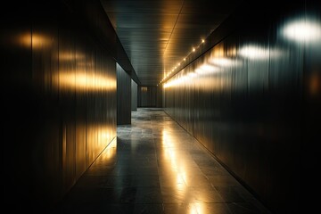 An elongated hallway with reflecting walls. Gold lighting casts a sheen down the metallic sides