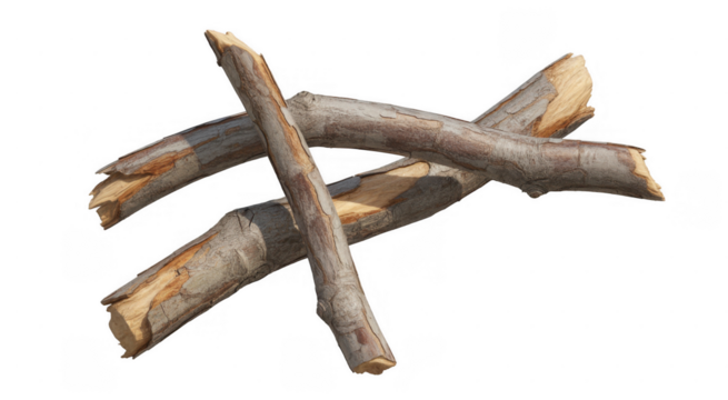 Two broken wooden branches isolated on a transparent background